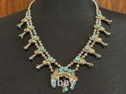 Vintage Sterling/GF Turquoise Squash Blossom Necklace Bracelet Earrings Ring Set
