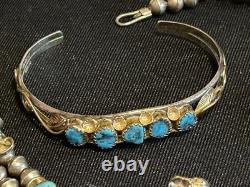 Vintage Sterling/GF Turquoise Squash Blossom Necklace Bracelet Earrings Ring Set
