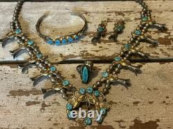 Vintage Sterling/GF Turquoise Squash Blossom Necklace Bracelet Earrings Ring Set