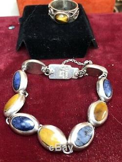 Vintage Sterling Gemstone Bracelet Taxco Mexico & Ring Native American Signed
