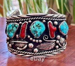 Vintage Sterling Native American Navajo Kingsman Turquoise Coral Bracelet Cuff