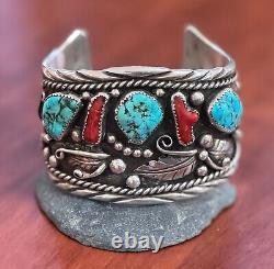Vintage Sterling Native American Navajo Kingsman Turquoise Coral Bracelet Cuff