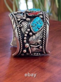 Vintage Sterling Native American Navajo Kingsman Turquoise Coral Bracelet Cuff