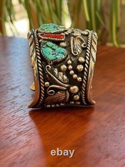 Vintage Sterling Native American Navajo Kingsman Turquoise Coral Bracelet Cuff