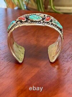 Vintage Sterling Native American Navajo Kingsman Turquoise Coral Bracelet Cuff