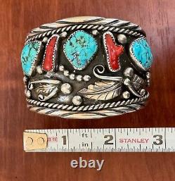 Vintage Sterling Native American Navajo Kingsman Turquoise Coral Bracelet Cuff
