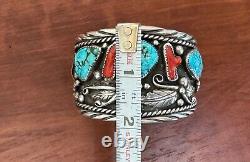 Vintage Sterling Native American Navajo Kingsman Turquoise Coral Bracelet Cuff