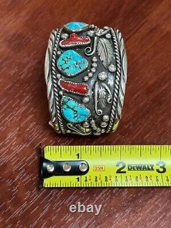 Vintage Sterling Native American Navajo Kingsman Turquoise Coral Bracelet Cuff