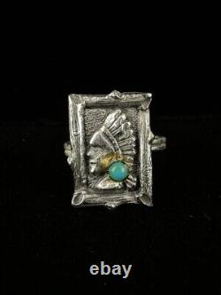 Vintage Sterling Navajo Native Chief Portrait Frame Turquoise Adjus Ring