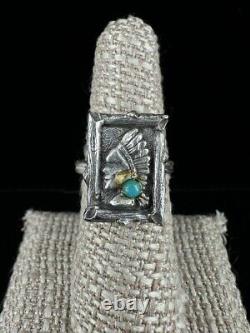 Vintage Sterling Navajo Native Chief Portrait Frame Turquoise Adjus Ring