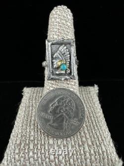 Vintage Sterling Navajo Native Chief Portrait Frame Turquoise Adjus Ring