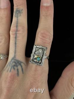 Vintage Sterling Navajo Native Chief Portrait Frame Turquoise Adjus Ring