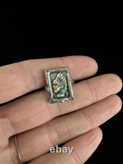 Vintage Sterling Navajo Native Chief Portrait Frame Turquoise Adjus Ring