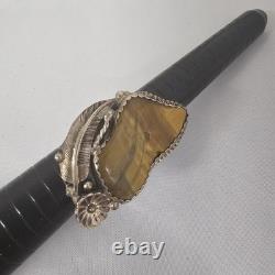 Vintage Sterling Navajo Tiger's Eye Ring Large Statement Signed Native Size 7.75