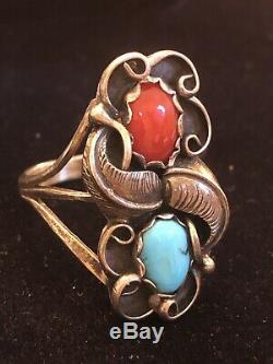 Vintage Sterling Signed Native American Coral Turquoise Ring & Bracelet Bangle