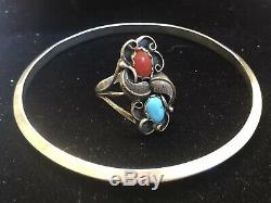 Vintage Sterling Signed Native American Coral Turquoise Ring & Bracelet Bangle