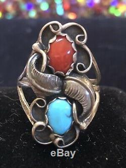 Vintage Sterling Signed Native American Coral Turquoise Ring & Bracelet Bangle