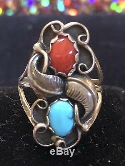 Vintage Sterling Signed Native American Coral Turquoise Ring & Bracelet Bangle