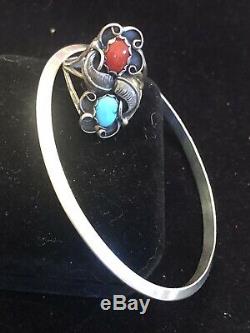 Vintage Sterling Signed Native American Coral Turquoise Ring & Bracelet Bangle