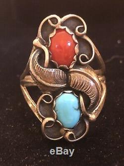 Vintage Sterling Signed Native American Coral Turquoise Ring & Bracelet Bangle