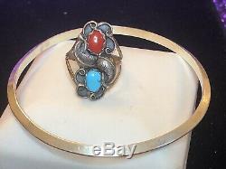 Vintage Sterling Signed Native American Coral Turquoise Ring & Bracelet Bangle