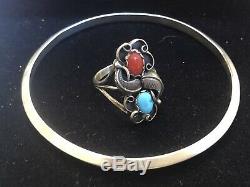 Vintage Sterling Signed Native American Coral Turquoise Ring & Bracelet Bangle