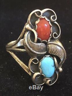 Vintage Sterling Signed Native American Coral Turquoise Ring & Bracelet Bangle