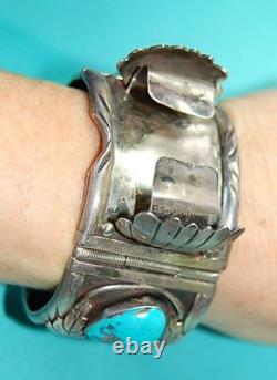 Vintage Sterling Silver Al Charley Navajo Turquoise Coral Watch Cuff Bracelet