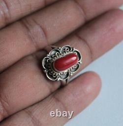 Vintage Sterling Silver Coral Native American Ring Adjustable