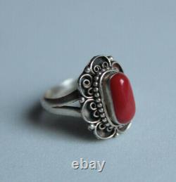 Vintage Sterling Silver Coral Native American Ring Adjustable