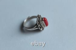 Vintage Sterling Silver Coral Native American Ring Adjustable