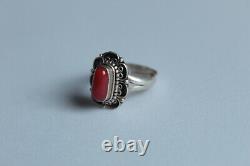 Vintage Sterling Silver Coral Native American Ring Adjustable