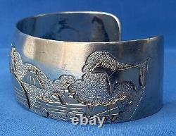 Vintage Sterling Silver Gold Native American Storyteller Cuff Bracelet Stamped