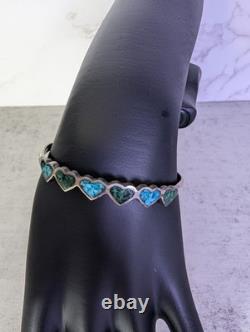 Vintage Sterling Silver Heart Cuff Bracelet Turquoise Malachite Chip Inlay 925