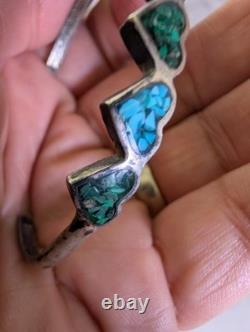 Vintage Sterling Silver Heart Cuff Bracelet Turquoise Malachite Chip Inlay 925