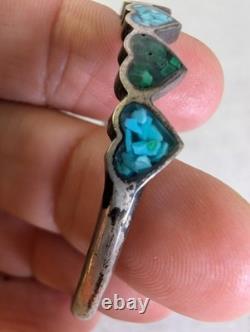Vintage Sterling Silver Heart Cuff Bracelet Turquoise Malachite Chip Inlay 925