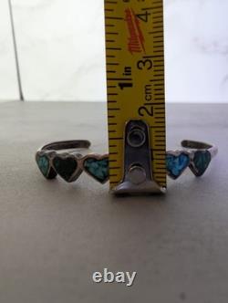 Vintage Sterling Silver Heart Cuff Bracelet Turquoise Malachite Chip Inlay 925