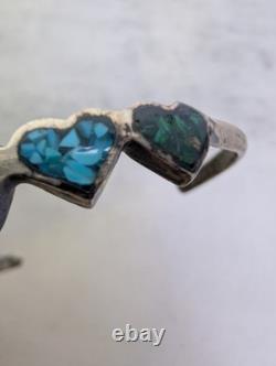 Vintage Sterling Silver Heart Cuff Bracelet Turquoise Malachite Chip Inlay 925