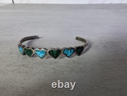 Vintage Sterling Silver Heart Cuff Bracelet Turquoise Malachite Chip Inlay 925