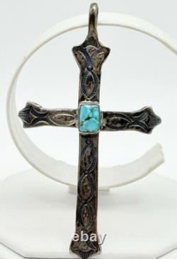 Vintage Sterling Silver Large Turquoise Navajo Cross Pendant 3 1/2