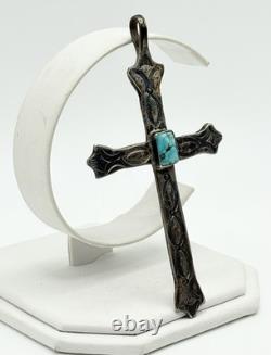 Vintage Sterling Silver Large Turquoise Navajo Cross Pendant 3 1/2