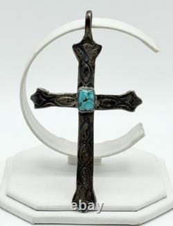 Vintage Sterling Silver Large Turquoise Navajo Cross Pendant 3 1/2