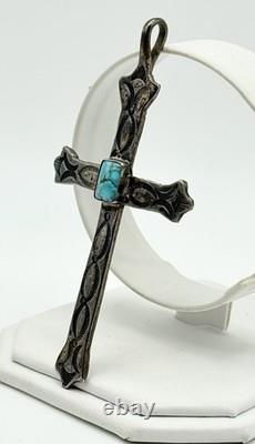 Vintage Sterling Silver Large Turquoise Navajo Cross Pendant 3 1/2
