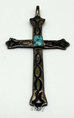 Vintage Sterling Silver Large Turquoise Navajo Cross Pendant 3 1/2