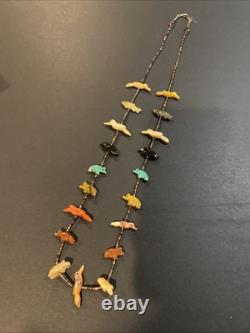 Vintage Sterling Silver Multi Stone Animal Artisan Heishi Zuni Fetish Necklace