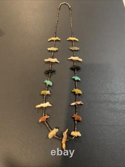 Vintage Sterling Silver Multi Stone Animal Artisan Heishi Zuni Fetish Necklace
