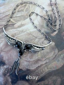 Vintage Sterling Silver NAVAJO Native American Onyx 3 Stone Necklace 18