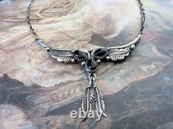 Vintage Sterling Silver NAVAJO Native American Onyx 3 Stone Necklace 18