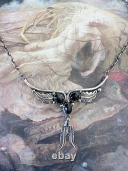 Vintage Sterling Silver NAVAJO Native American Onyx 3 Stone Necklace 18