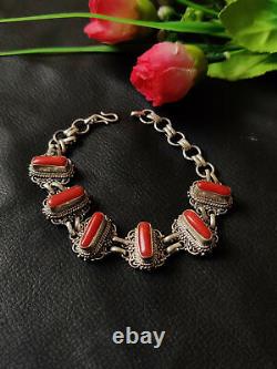 Vintage Sterling Silver Natural Red Coral Cuff Bangle Bracelet Antique Jewelry